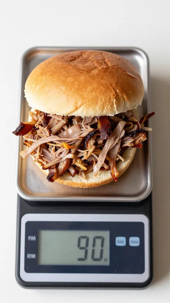 Overhead shot of single pulled pork sandwich on scale