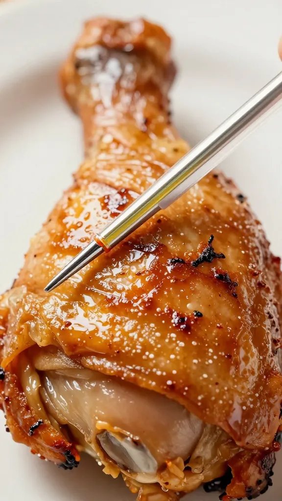Closeup of meat thermometer inserted in grilled chicken thigh