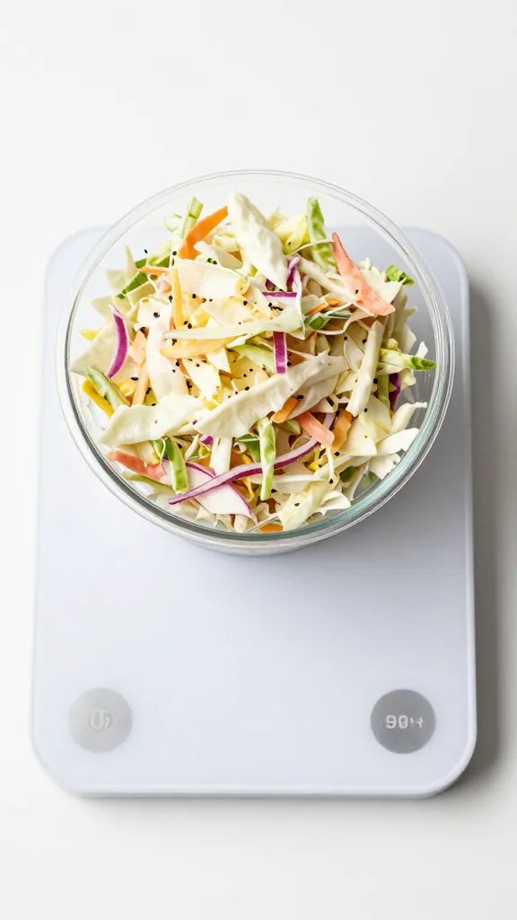 Overhead of portioned coleslaw cup on white scale