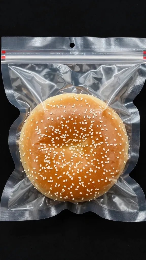 Single sesame burger bun in vacuum-sealed bag