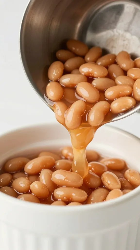 Closeup of stainless ladle portioning baked beans into cup