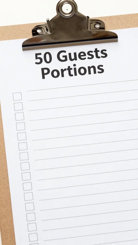 Tight shot of checklist clipboard labeled “50 Guests Portions”