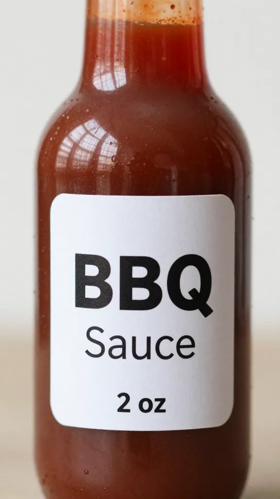 Closeup of squeeze bottle labeled “BBQ Sauce, 2 oz”
