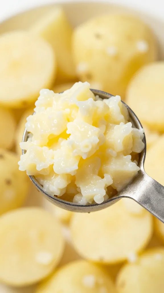 Macro shot of measuring scoop filled with potato salad