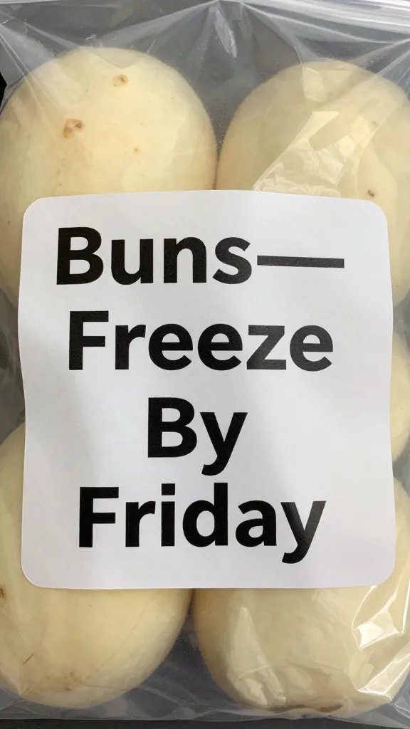 Closeup of labeled freezer bag “Buns—Freeze By Friday”