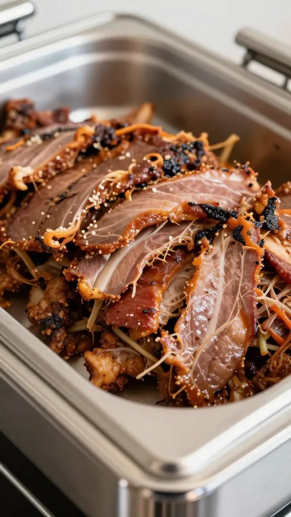 closeup of pulled pork in stainless chafing dish