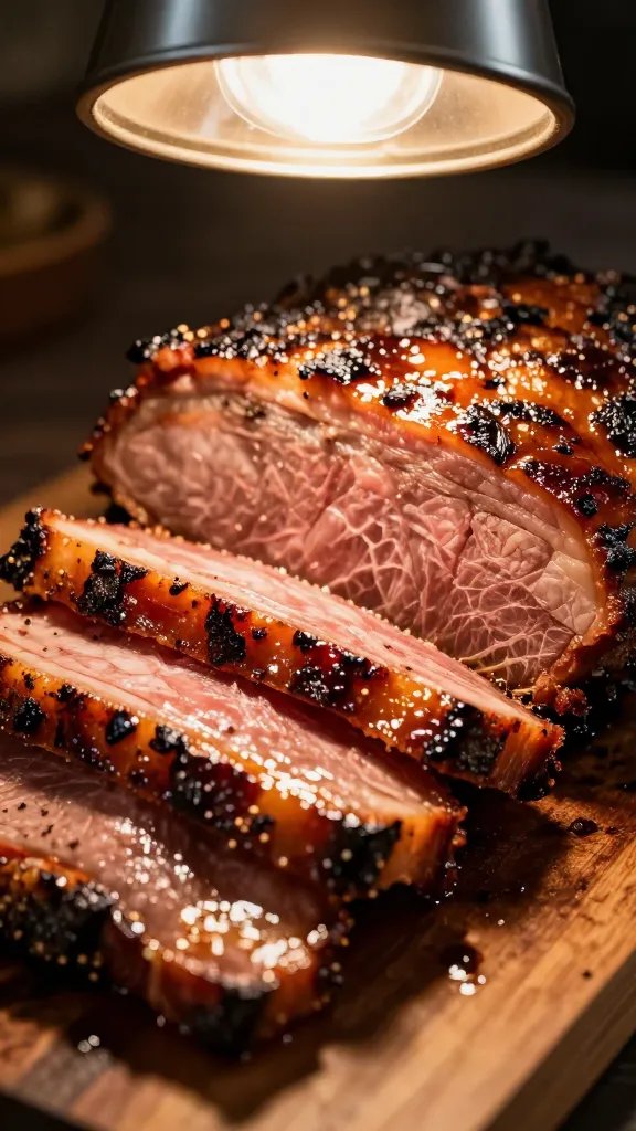 brisket slices under heat lamp, glossy bark closeup