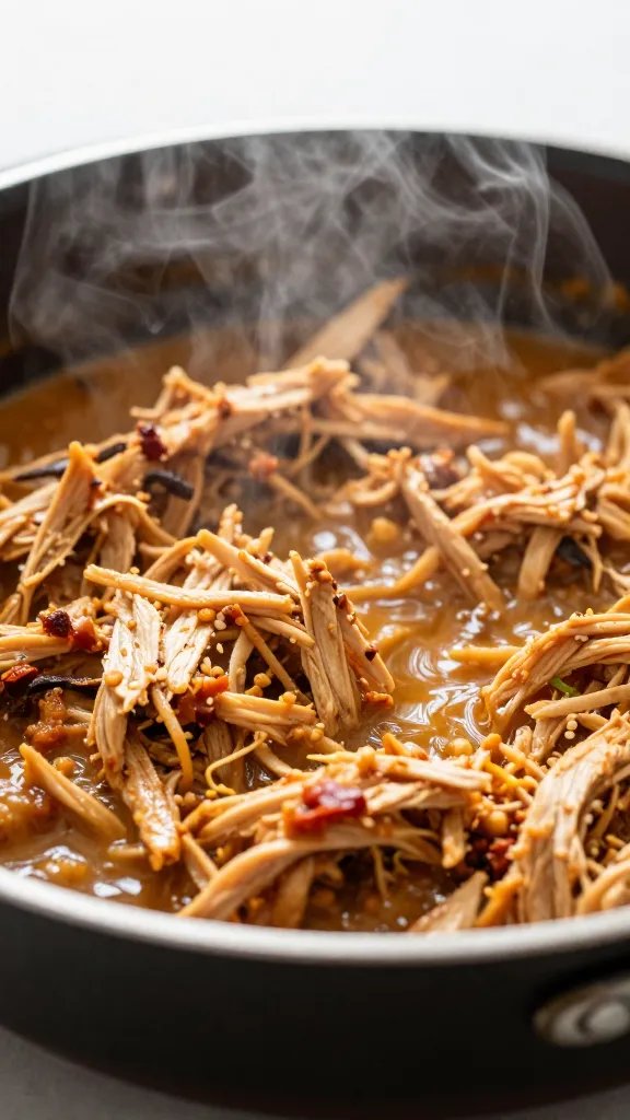 shredded chicken tinga in hotel pan, steamy closeup