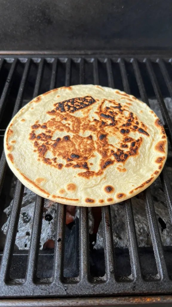 single flour tortilla on grill grate, light char