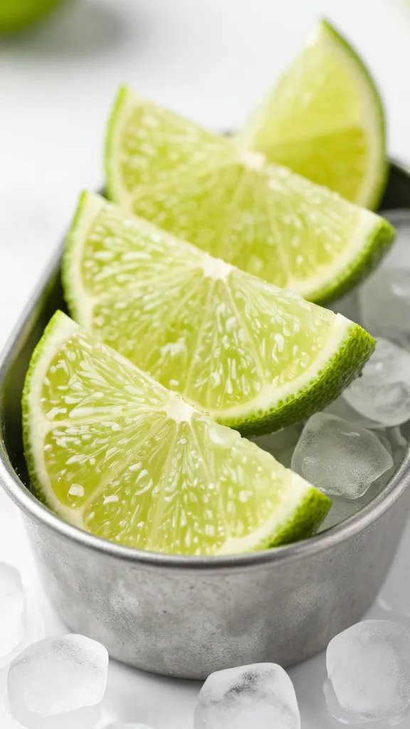 lime wedges in metal ramekin on ice, macro shot