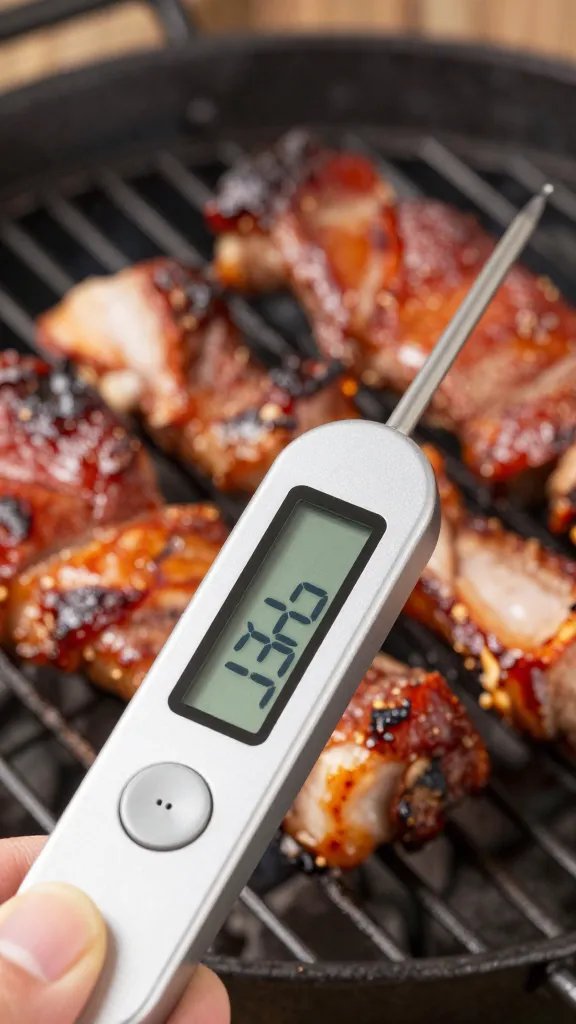 digital food thermometer inserted in BBQ pork