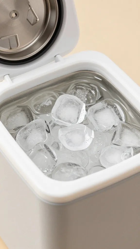 insulated beverage cooler filled with ice, open lid closeup