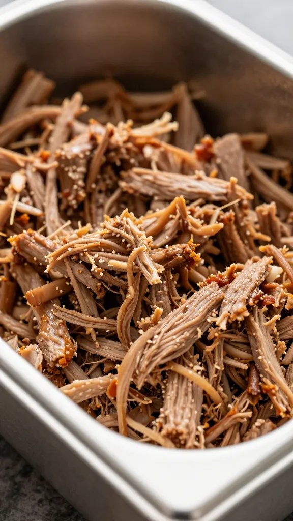 closeup shredded pulled pork in stainless steam pan