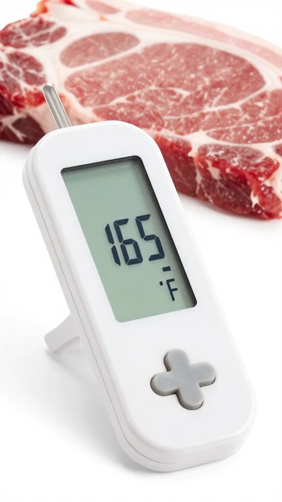 digital meat thermometer reading 165°F in pork