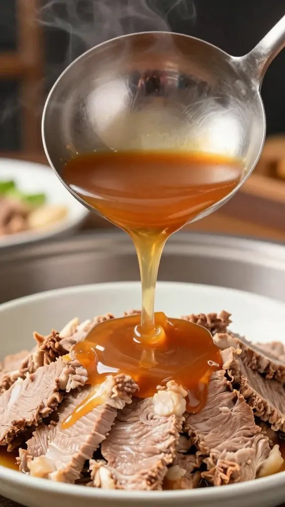 ladle of reserved pork juices over meat