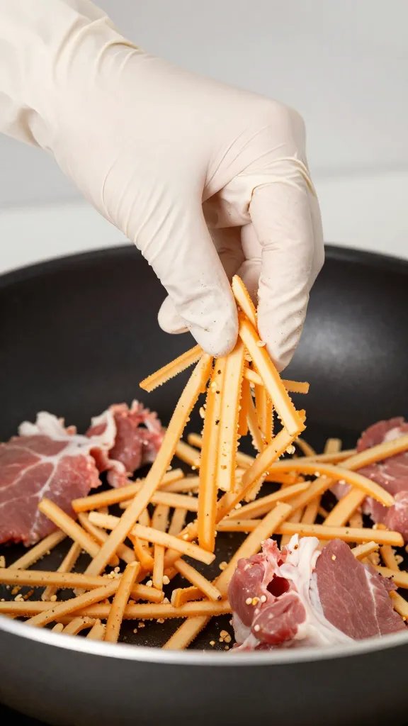 food-safe glove hand shredding pork in pan