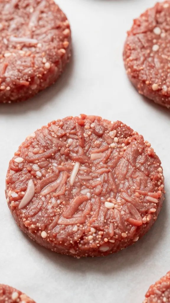 closeup of pre-shaped raw burger patty on parchment