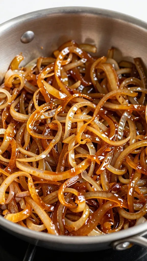 stainless pan of caramelized onions, glistening