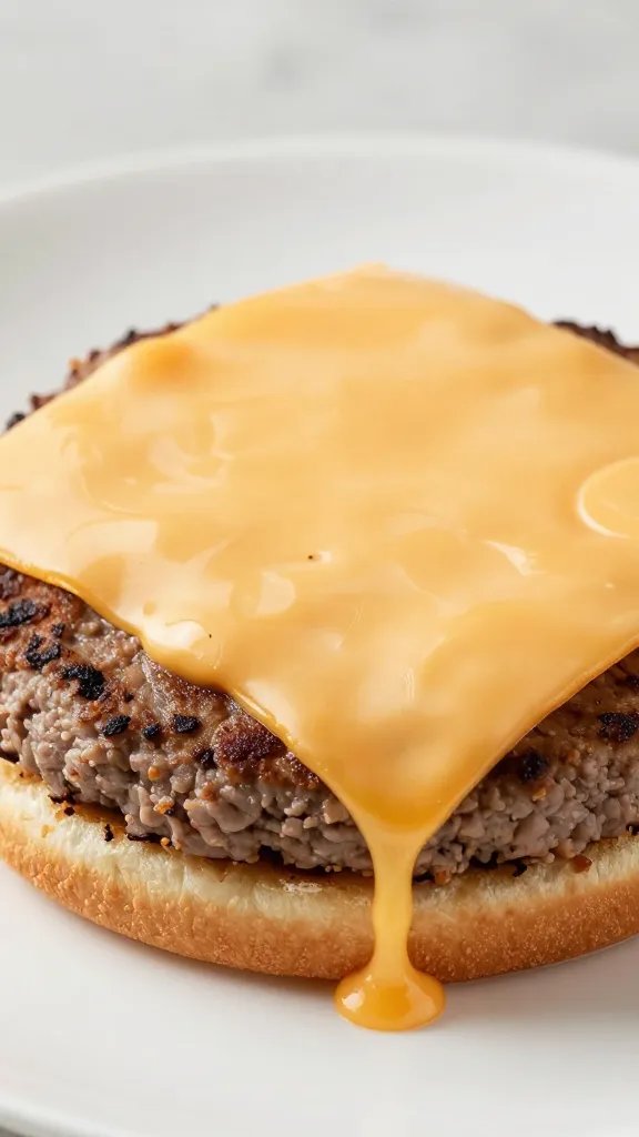 single slice of cheddar melting on burger patty