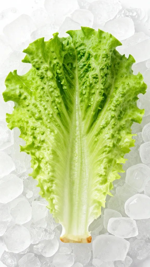 leaf of green leaf lettuce on ice bed