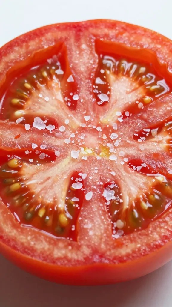 ripe tomato slice sprinkled with flaky salt