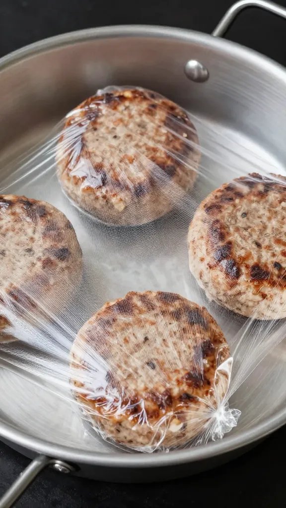 aluminum hotel pan of chilled patties wrapped in film