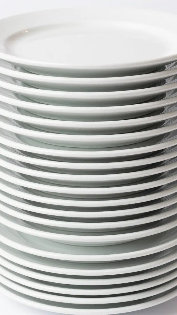 closeup of white dinner plate stack at buffet end