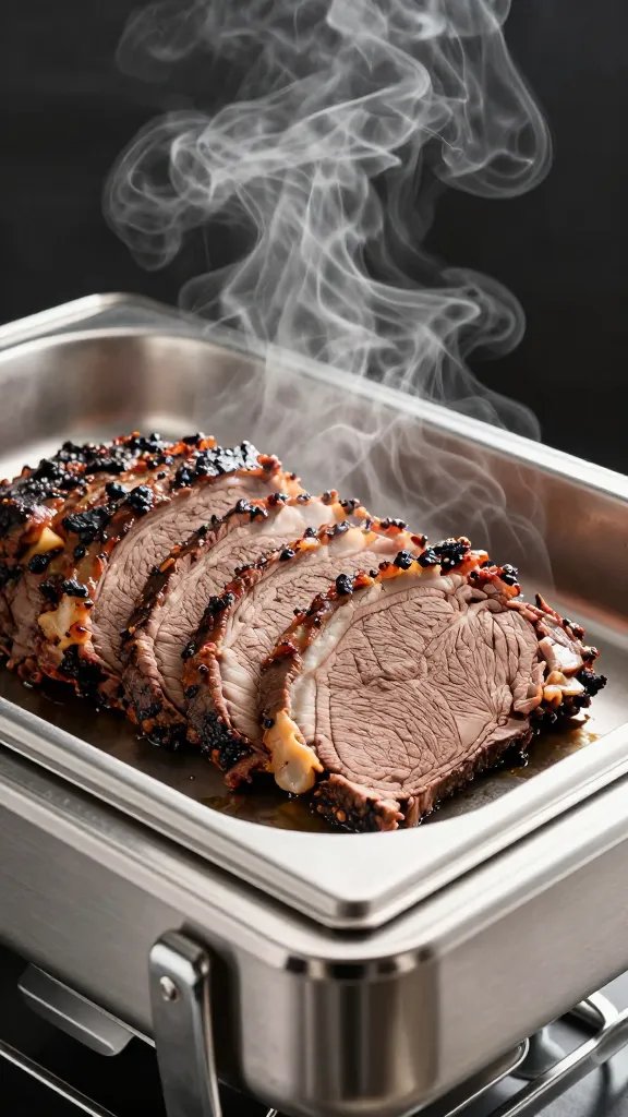 stainless chafing dish of sliced brisket, steam rising