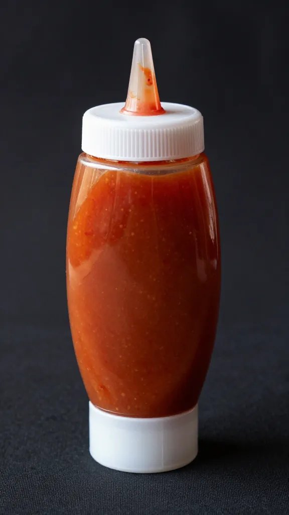 squeeze bottle of tangy bbq sauce on black tablecloth