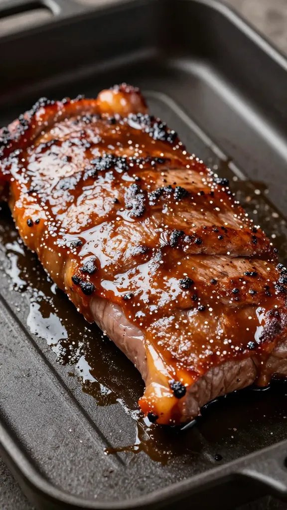 tongs resting on brisket pan edge, sauce-smeared