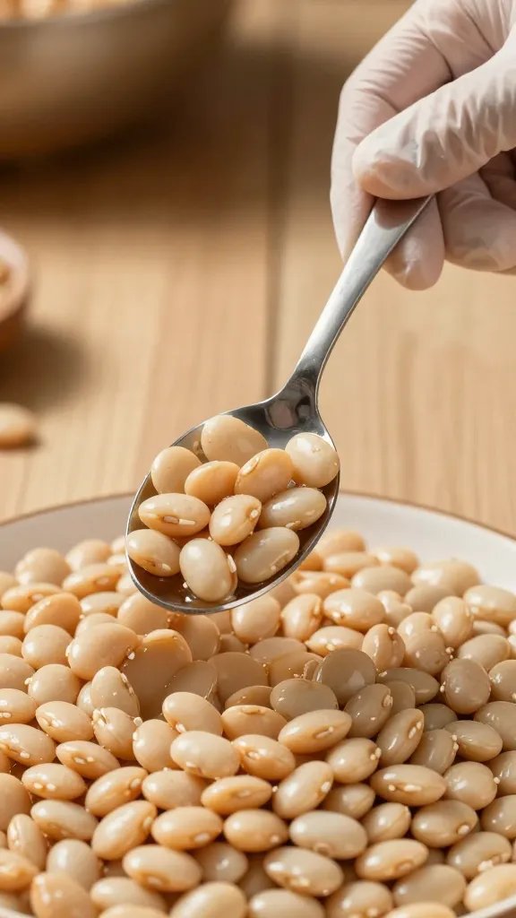 sanitized gloved hand holding serving spoon over beans