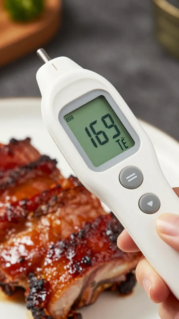 digital probe thermometer reading 165°F in pulled pork