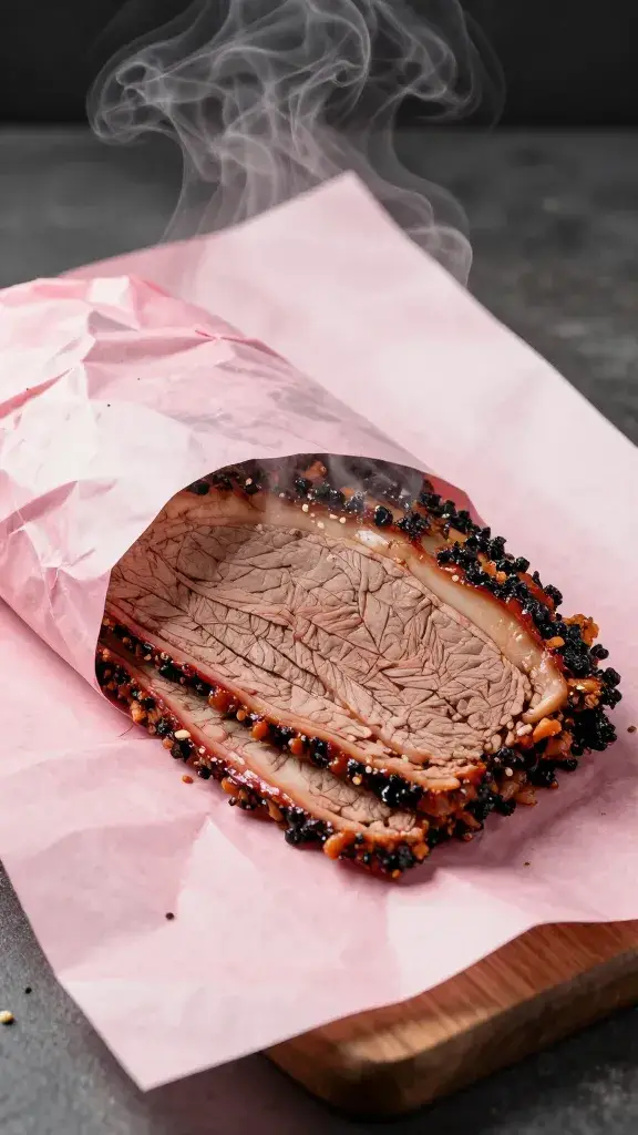steaming brisket flat wrapped in pink butcher paper