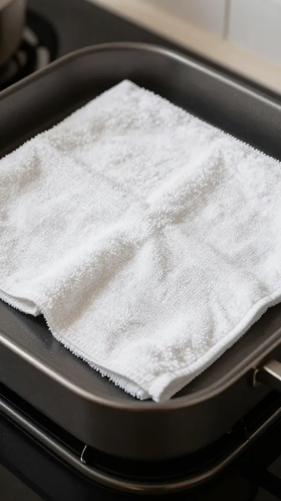 moisture barrier towel draped over covered food pan