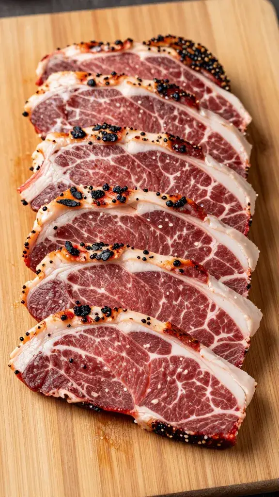 Sliced Santa Maria tri-tip on wooden cutting board