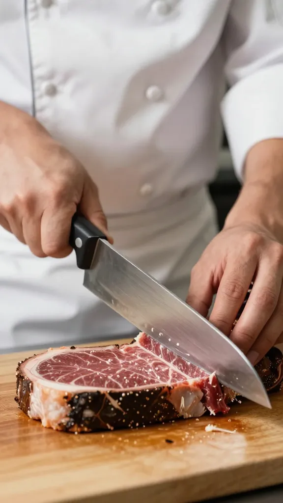 Chef’s slicing knife hovering over tri-tip grain