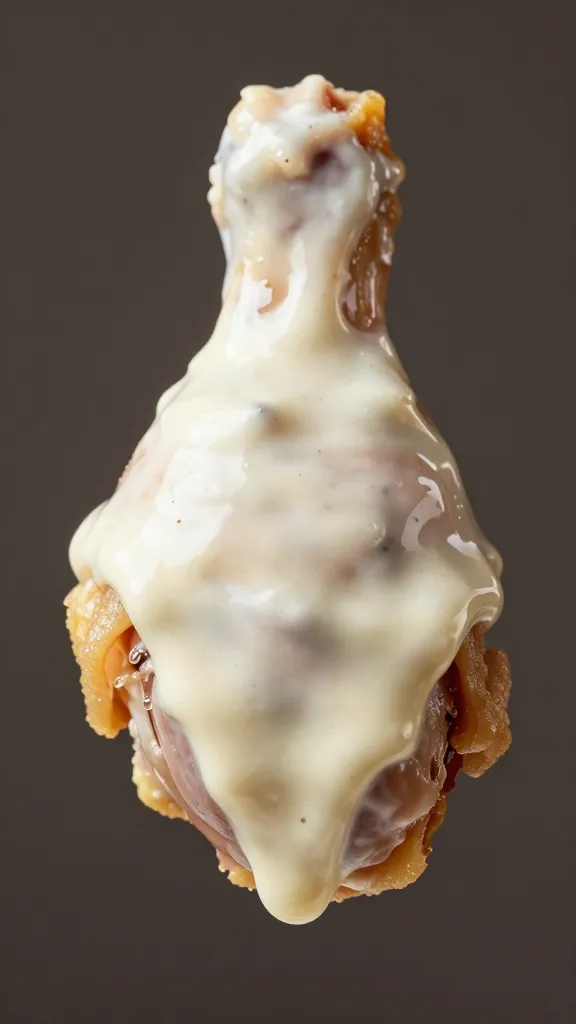 closeup dunked chicken thigh dripping Alabama white sauce