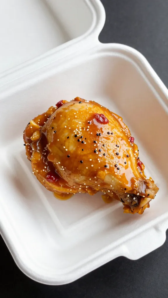 sauced chicken quarter on disposable white clamshell