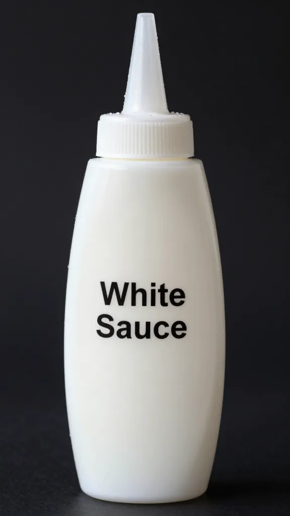 squeeze bottle labeled “White Sauce,” nozzle beaded cold