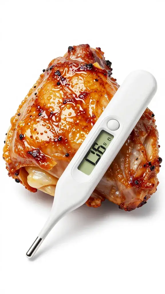 probe thermometer reading 165°F in grilled thigh