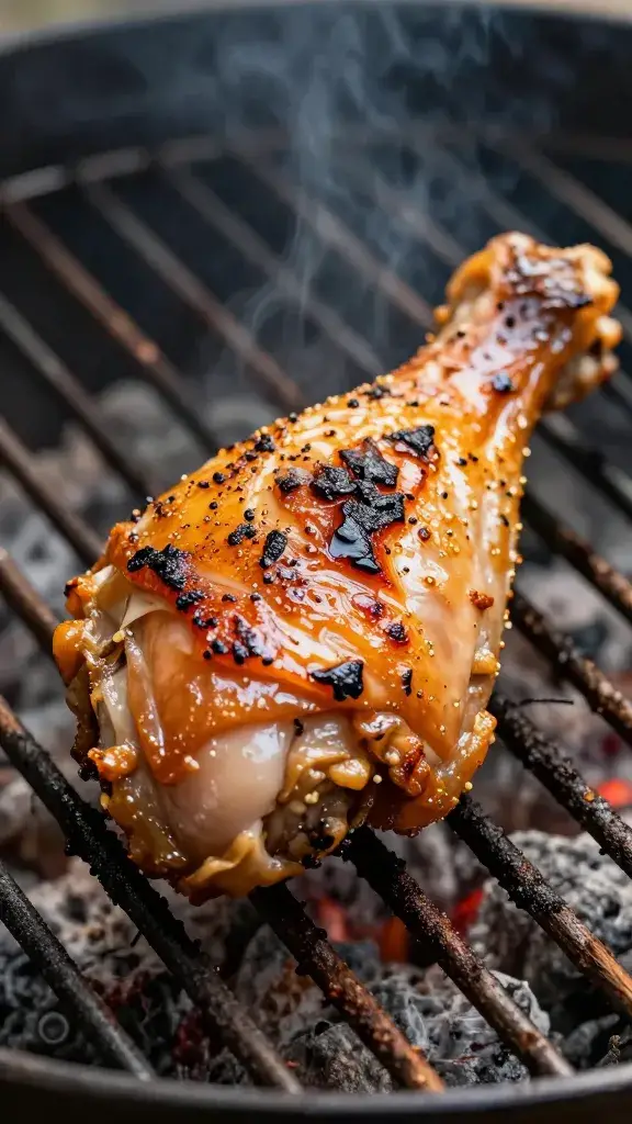 brushed chicken leg over smoky grill grate closeup