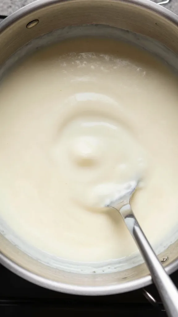 ladle coated in peppery white sauce, overhead closeup