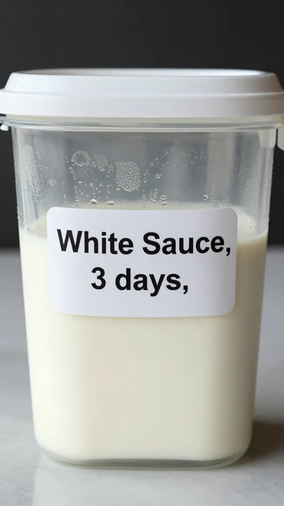 chilled cambro labeled “White Sauce, 3 days,” condensation