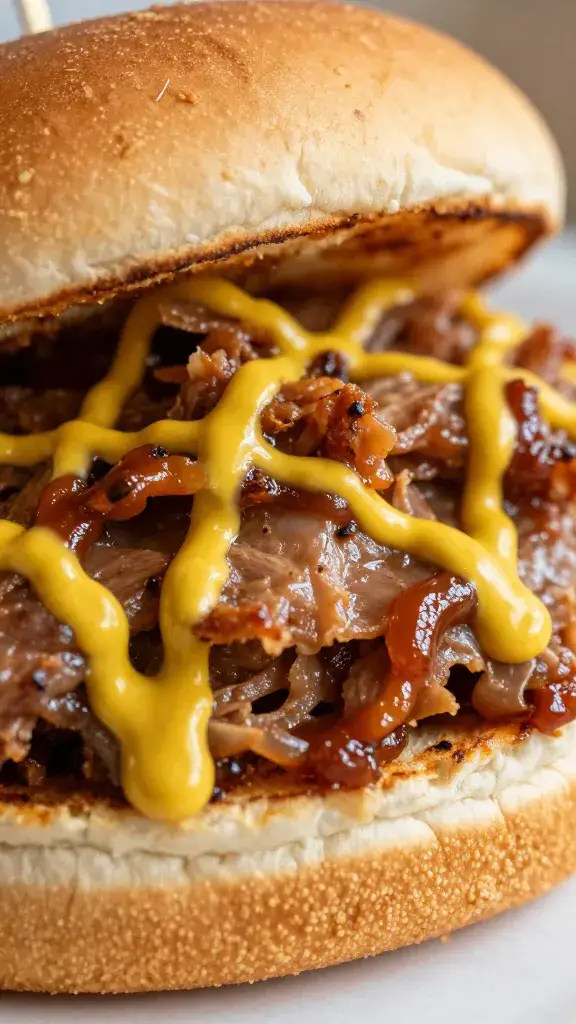closeup of pulled pork sandwich with mustard bbq drizzle