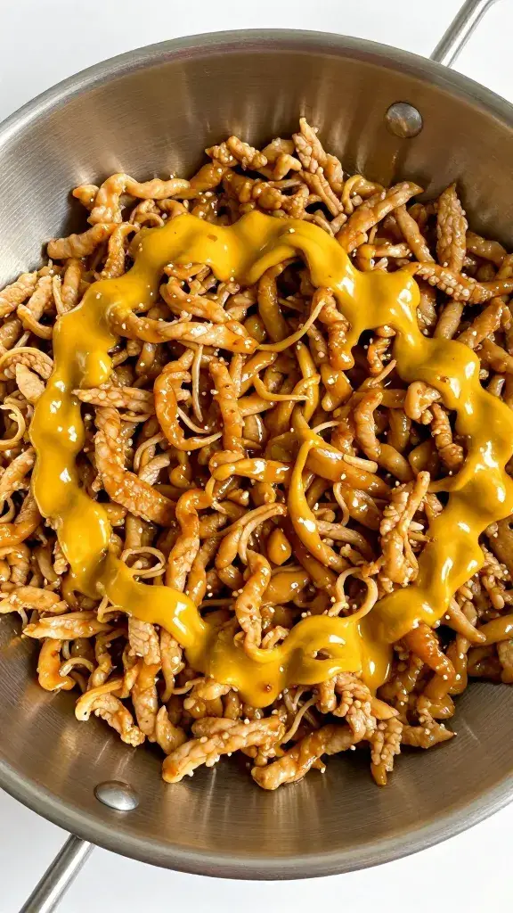 stainless pan of shredded pork glazed in mustard sauce