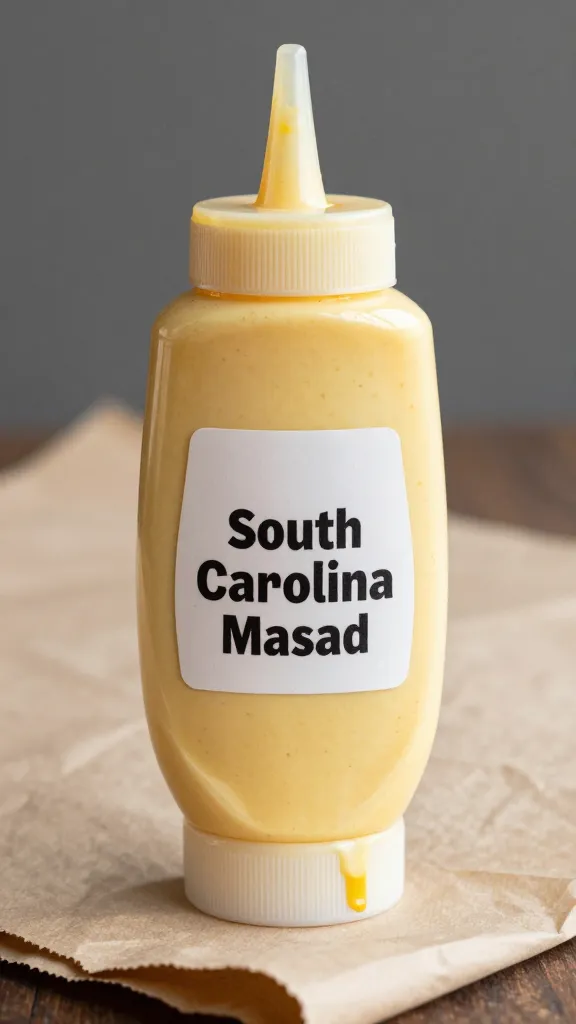 squeeze bottle of South Carolina mustard sauce on butcher paper