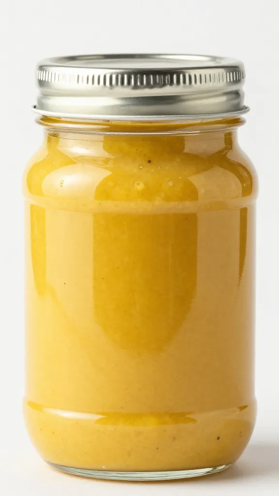 yellow mustard bbq sauce in glass jar, lid off