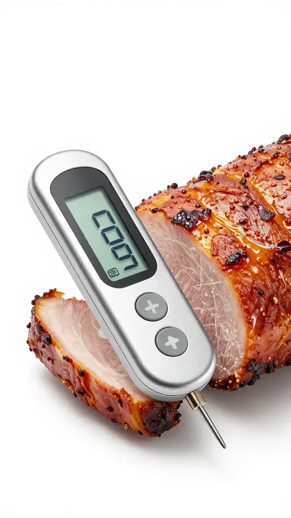 digital meat thermometer inserted in smoked pork shoulder