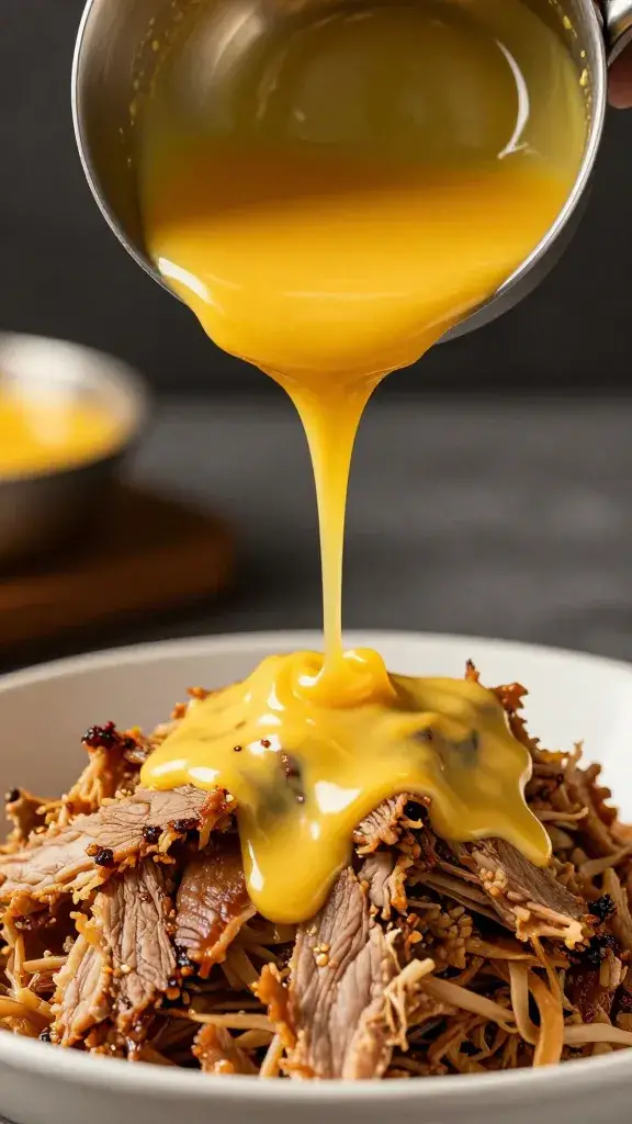ladle dripping golden mustard sauce over pulled pork