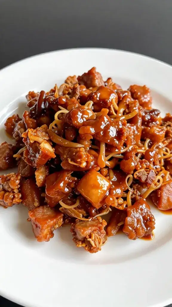 single white plate with sauced pulled pork mound